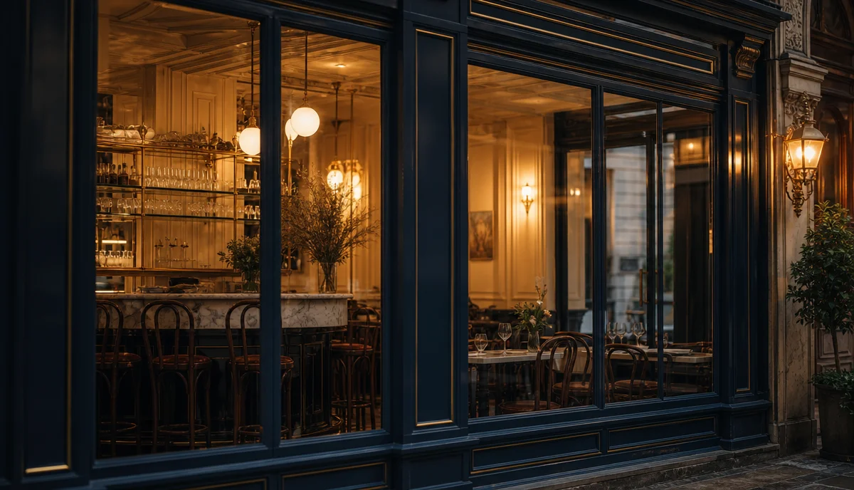 Façade d'un bistro parisien élégant vu de la rue, illustration de l'achat d'un restaurant à Paris