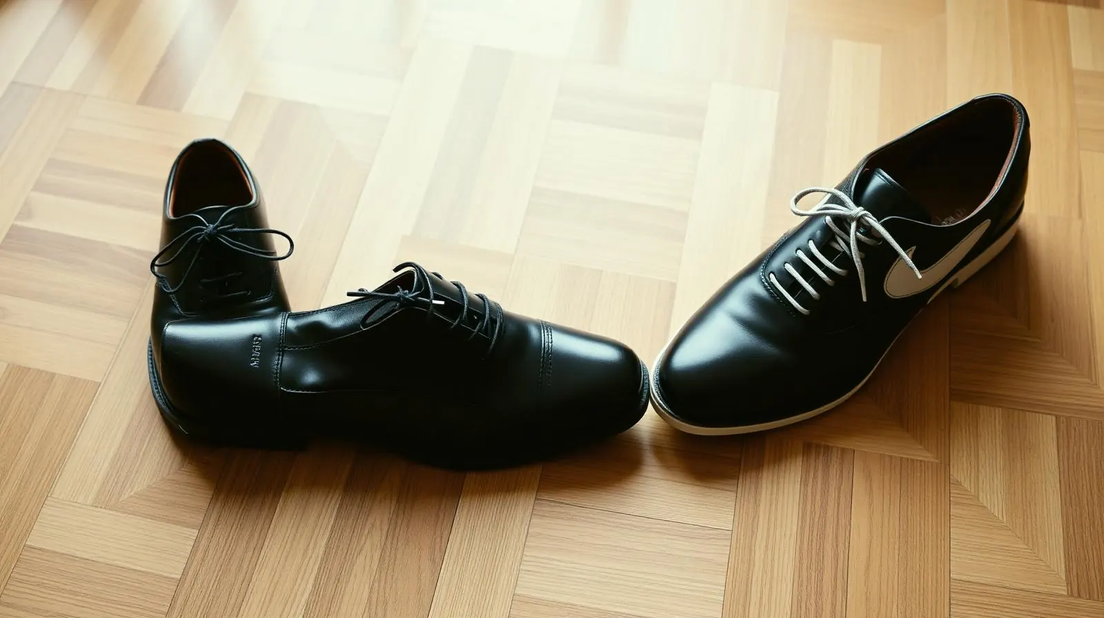 Chaussures de sport et souliers de ville côte à côte, symbole du passage du sport à l'entrepreneuriat de Fabio Nkongo