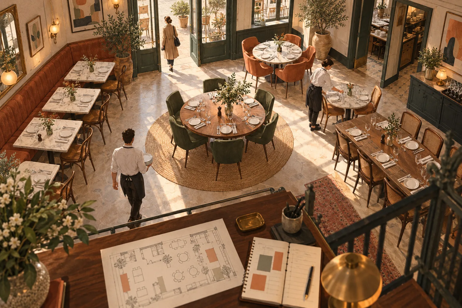 Illustration générée par IA — scène fictive. Salle de restaurant fictive vue en hauteur, avec tables de différentes tailles et plan de salle au premier plan.