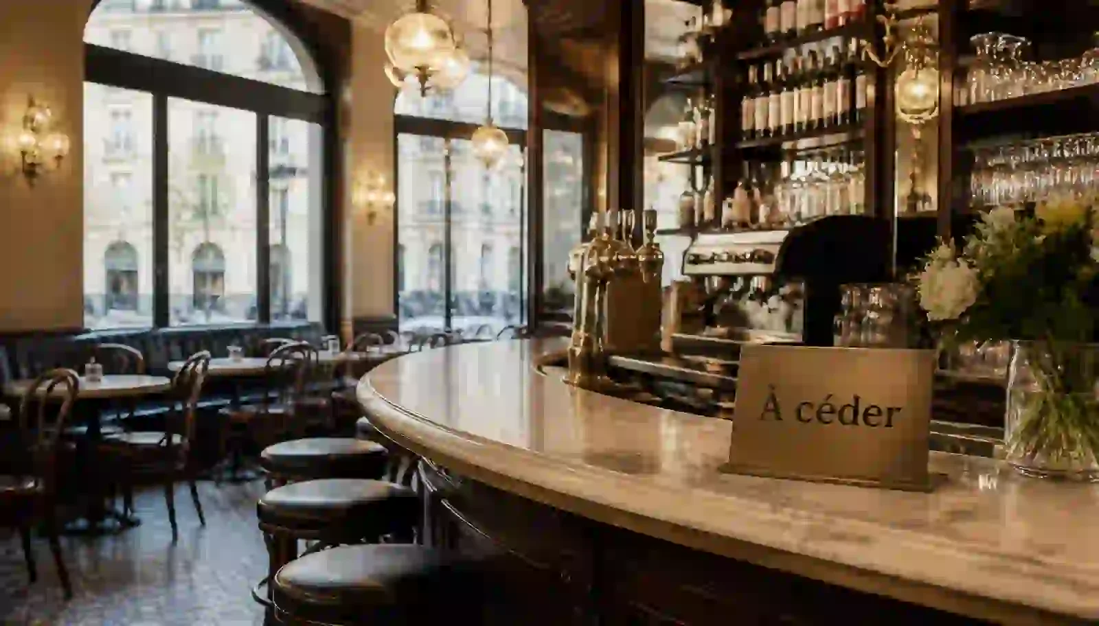 Intérieur d'une brasserie parisienne avec un panneau 'À céder', illustration d'une cession de fonds de commerce