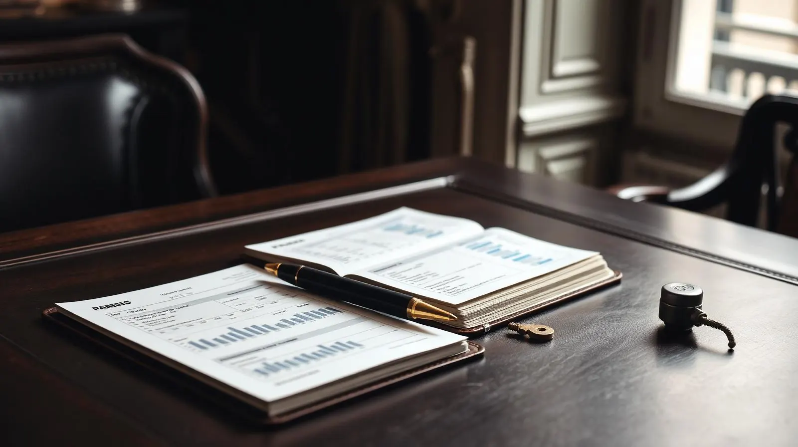 Bureau parisien avec carnet ouvert et plume, symbole de la création de valeur durable selon Fabio Nkongo