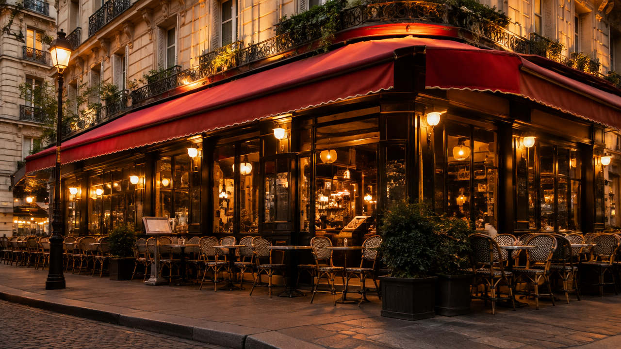Façade de brasserie parisienne avec terrasse, exemple de droit au bail commercial à Paris